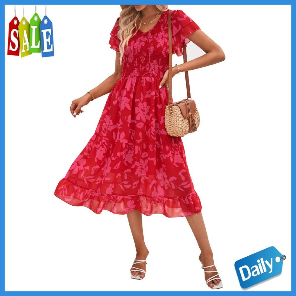 Chiffon Midi Dress With Ruffle Sleeves Smocked Bodice Formal Wedding Guest